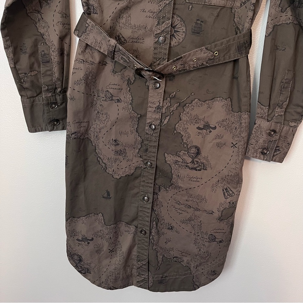 Banana Republic Map Print Safari Belted Button Front Utility Shirt Dress Green - Picture 3 of 8